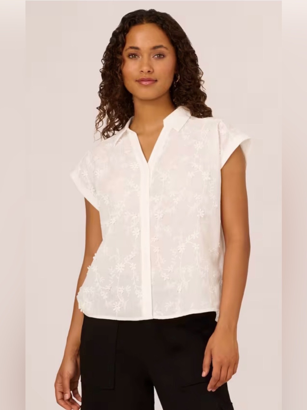 Adriana Papell Appliquéd Embroidered White Cap-Sleeve Button-Front Top - Size L - Picture 3 of 10